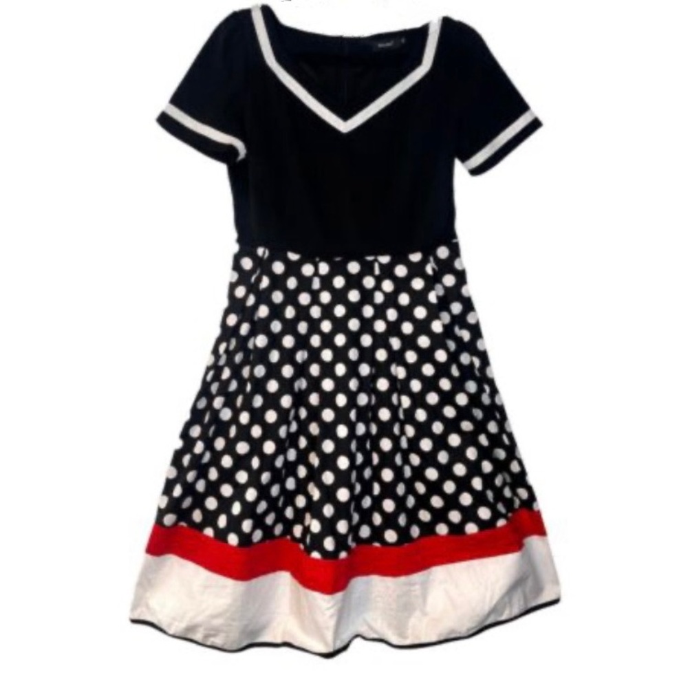 Nihsating Vintage Style Black Red White Polka Dot Rockabilly Swing Dress XL